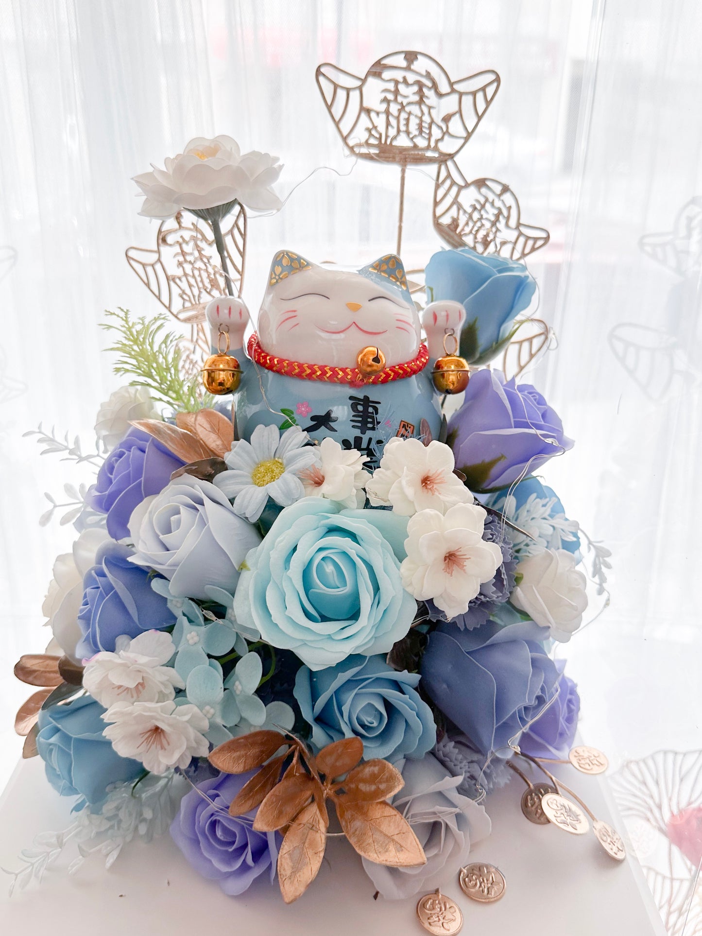 Lucky Cat Soap Flower arrangement in clear box