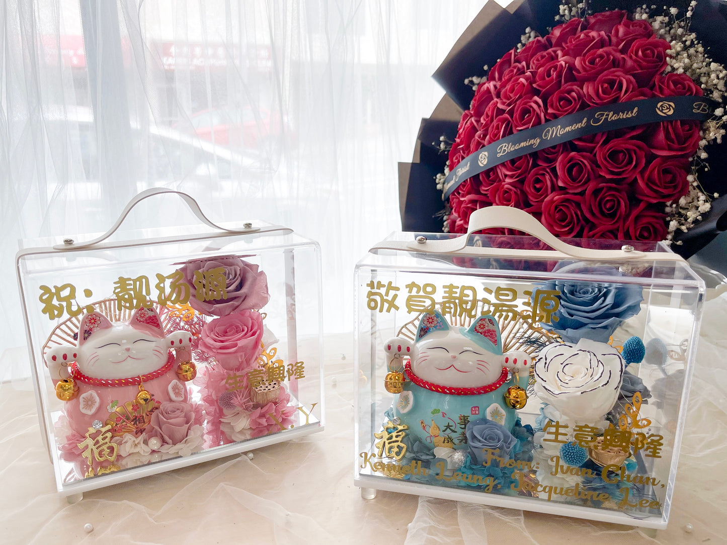 Lucky Cat preserved flower in acrylic box 4 Colors