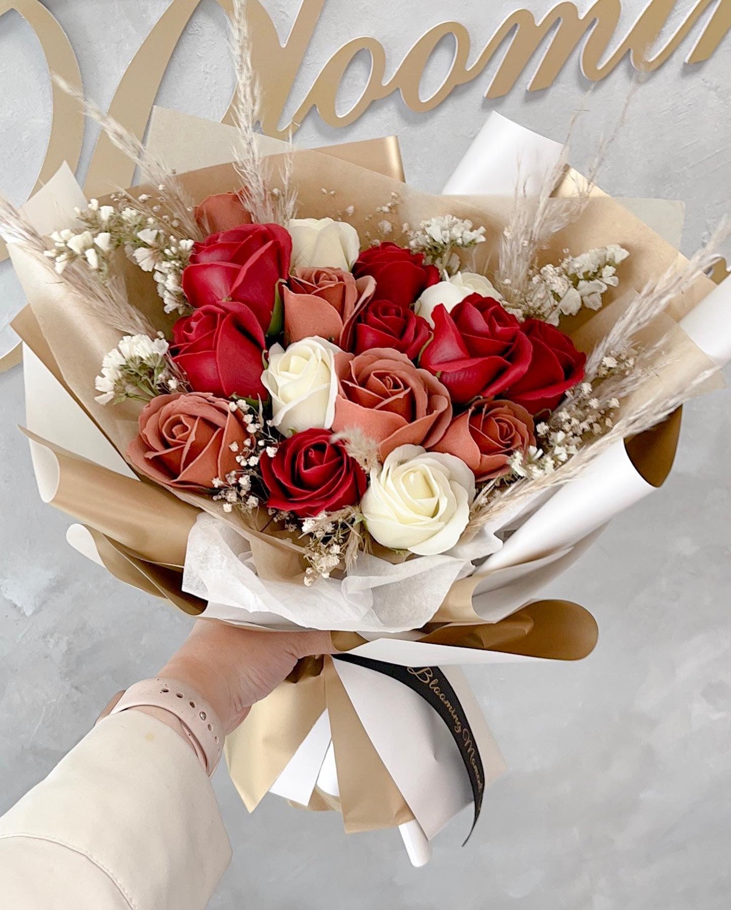 Scarlet Snow Rose soap flower bouquet