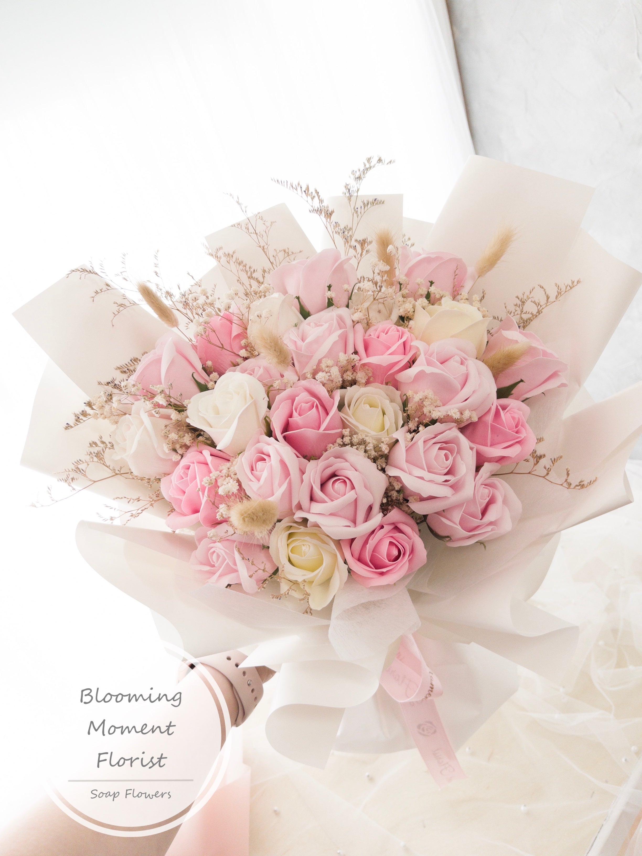 Natural Light Pink Soap Flower bouquet with Dried Flowers – Blooming Moment  Florist
