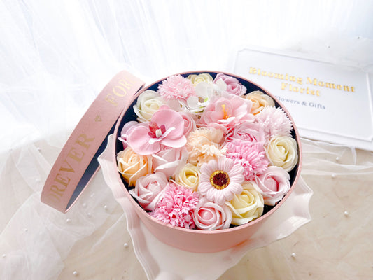 "Pastel Bloom Elegance" Soap Flowers in Round gift box