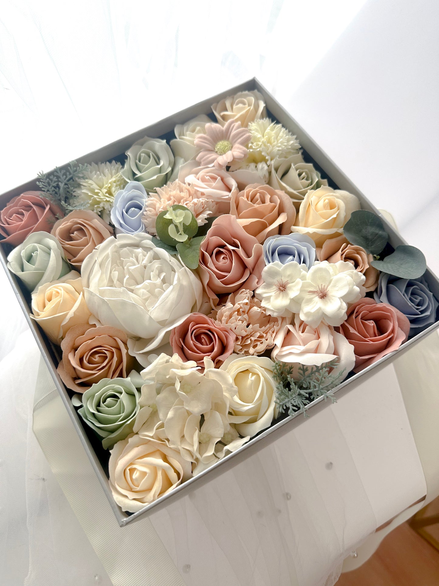 Neutral Earth Tone Soap Flower in Square window gift box