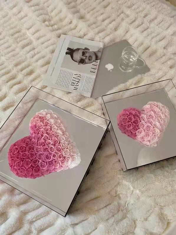 Heart shape pink gradient mirror acrylic box preserved rose